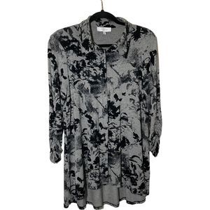 New Directions Large Gray/Black Tunic Shirt/Dress High/Low Hem 3/4 Ruched Sleeve